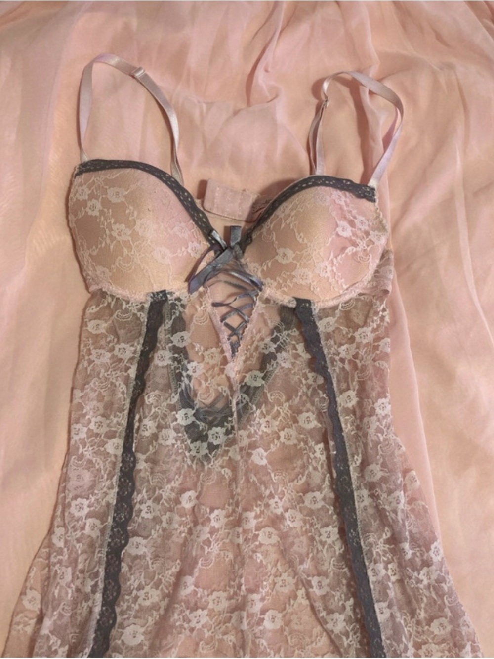 Native Intimates Pink Lace Chemise with Gray Trim